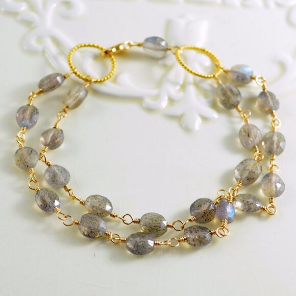 Labradorite Gemstone Double Strand Gold Bracelet - Picture 1 of 4
